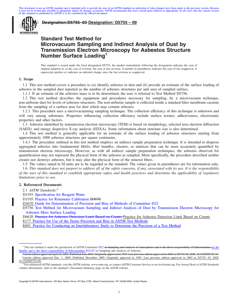 REDLINE ASTM D5755-09 - Standard Test Method for Microvacuum Sampling and Indirect Analysis of Dust by Transmission Electron Microscopy for Asbestos Structure Number Surface Loading