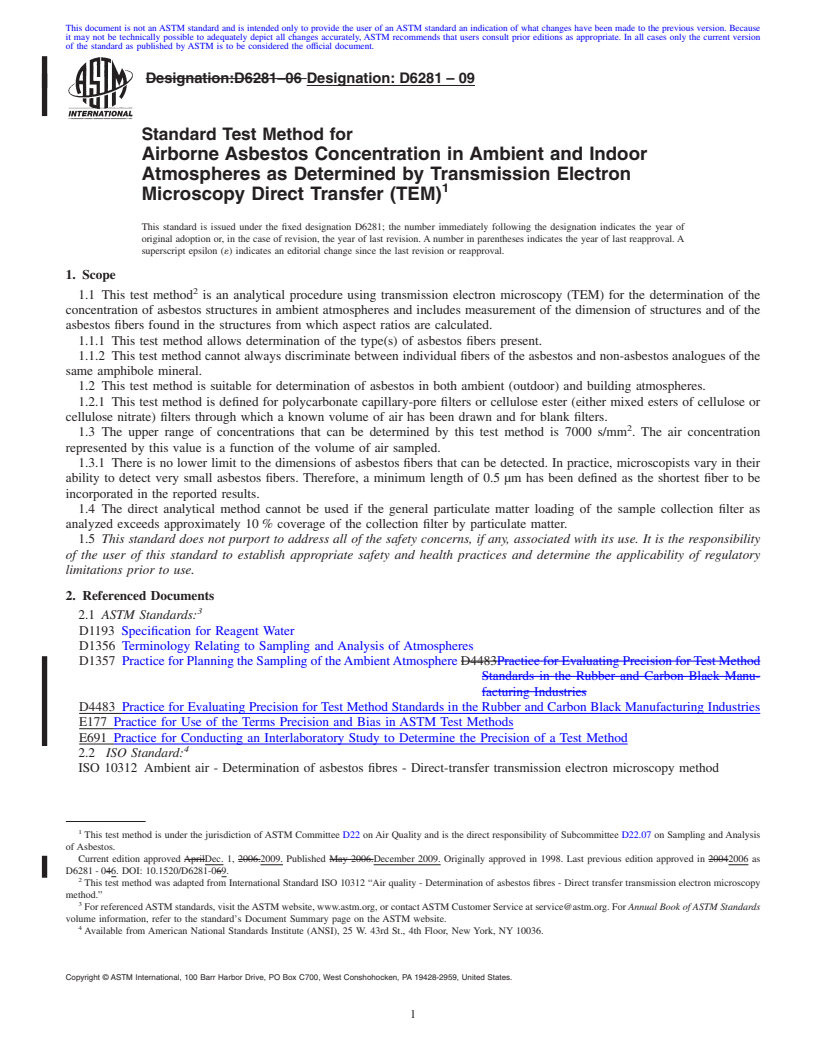 REDLINE ASTM D6281-09 - Standard Test Method for Airborne Asbestos Concentration in Ambient and Indoor Atmospheres as Determined by Transmission Electron Microscopy Direct Transfer (TEM)