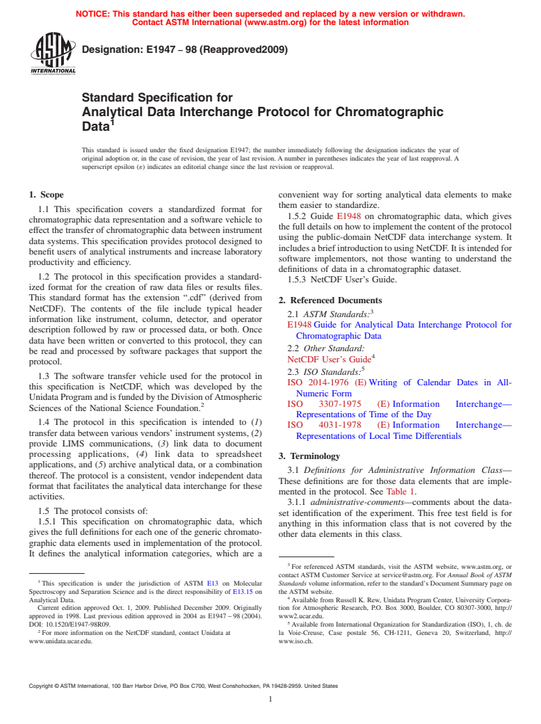 ASTM E1947-98(2009) - Standard Specification for Analytical Data Interchange Protocol for Chromatographic Data