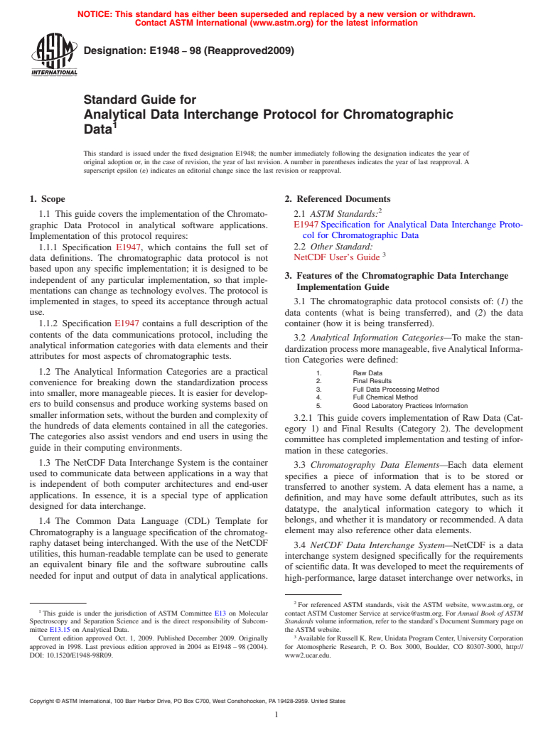 ASTM E1948-98(2009) - Standard Guide for Analytical Data Interchange Protocol for Chromatographic Data