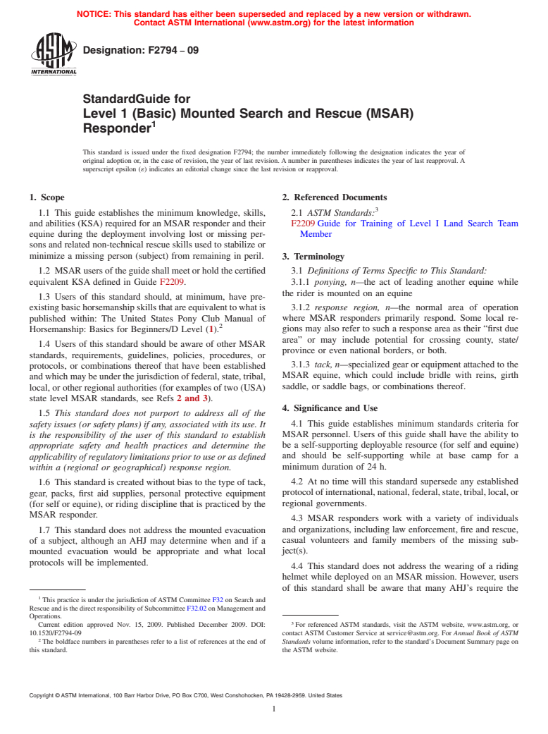 ASTM F2794-09 - Standard Guide for Level 1 (Basic) Mounted Search and Rescue (MSAR) Responder