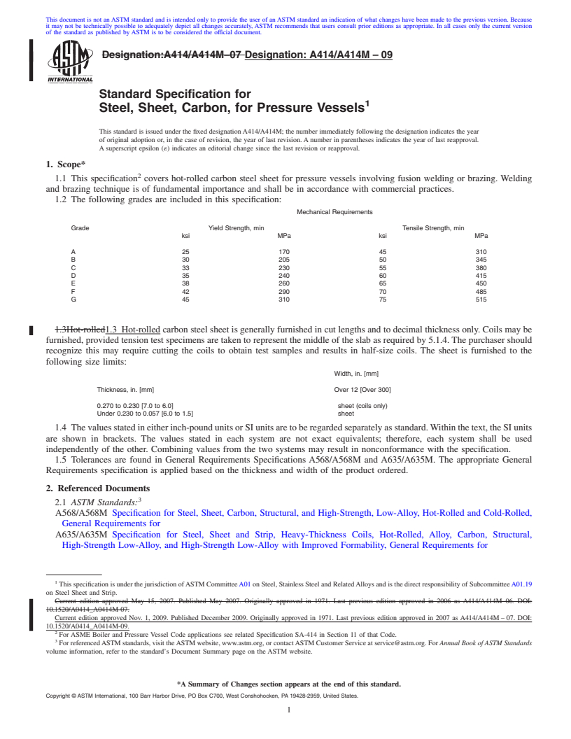 REDLINE ASTM A414/A414M-09 - Standard Specification for Steel, Sheet, Carbon, for Pressure Vessels