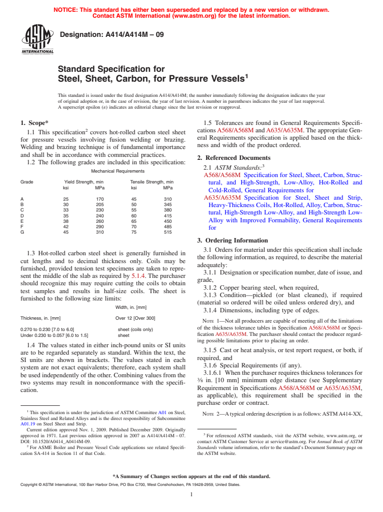 ASTM A414/A414M-09 - Standard Specification for Steel, Sheet, Carbon, for Pressure Vessels