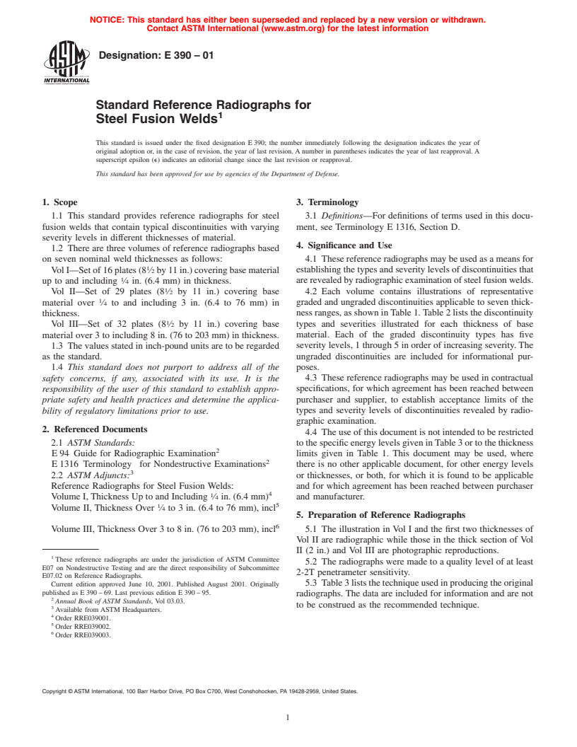 ASTM E390-01 - Standard Reference Radiographs for Steel Fusion Welds