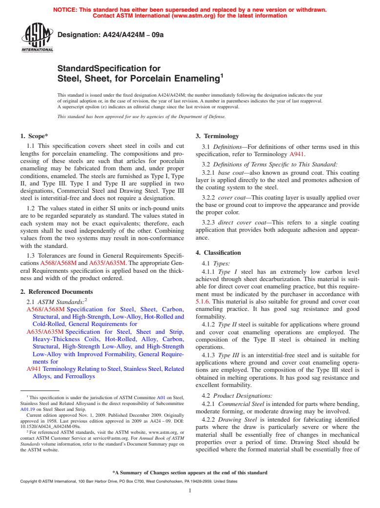 ASTM A424/A424M-09a - Standard Specification for Steel, Sheet, for Porcelain Enameling