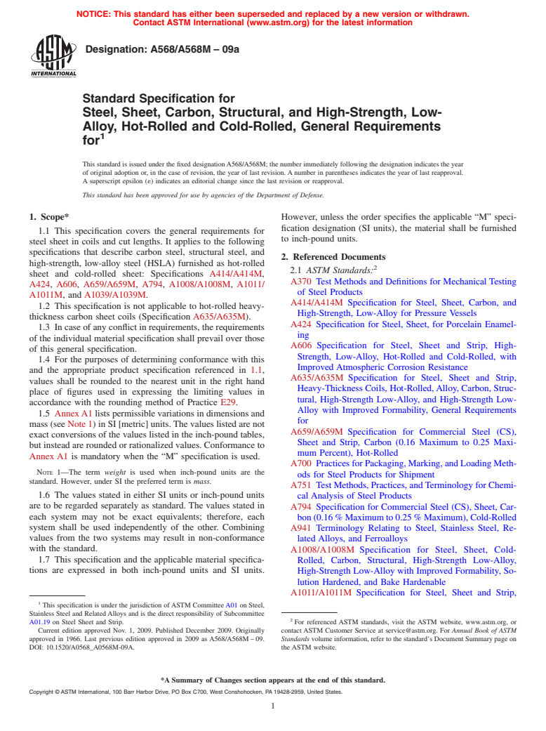 ASTM A568/A568M-09a - Standard Specification for  Steel, Sheet, Carbon, Structural, and High-Strength, Low-Alloy,  Hot-Rolled  and Cold-Rolled, General Requirements for