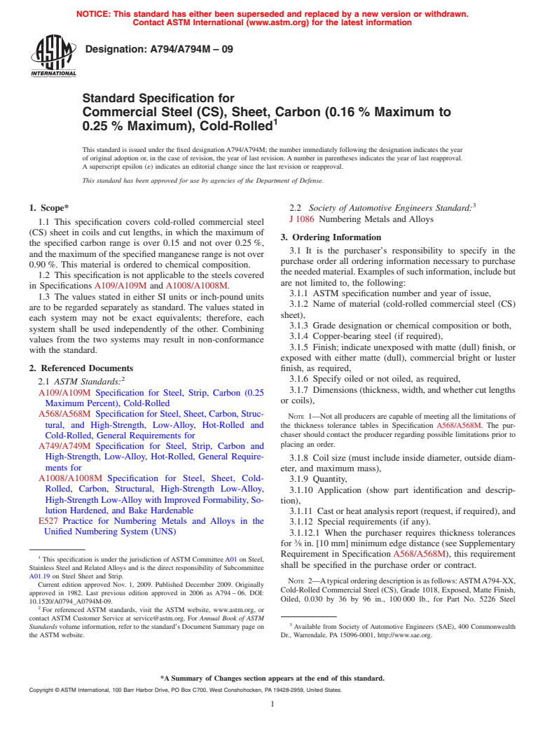 ASTM A794/A794M-09 - Standard Specification for Commercial Steel (CS), Sheet, Carbon (0.16 % Maximum to 0.25 % Maximum), Cold-Rolled