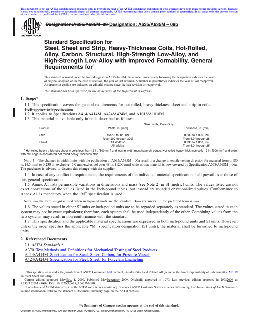 REDLINE ASTM A635/A635M-09b - Standard Specification for  Steel, Sheet and Strip, Heavy-Thickness Coils, Hot-Rolled, Alloy, Carbon, Structural, High-Strength Low-Alloy, and High-Strength Low-Alloy with Improved Formability, General Requirements for