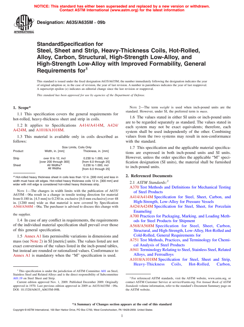 ASTM A635/A635M-09b - Standard Specification for  Steel, Sheet and Strip, Heavy-Thickness Coils, Hot-Rolled, Alloy, Carbon, Structural, High-Strength Low-Alloy, and High-Strength Low-Alloy with Improved Formability, General Requirements for