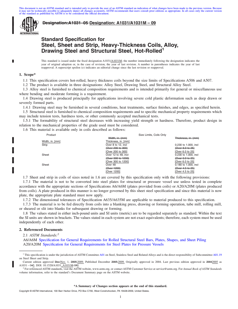 REDLINE ASTM A1031/A1031M-09 - Standard Specification for Steel, Sheet and Strip, Heavy-Thickness Coils, Alloy, Drawing Steel and Structural Steel, Hot-Rolled