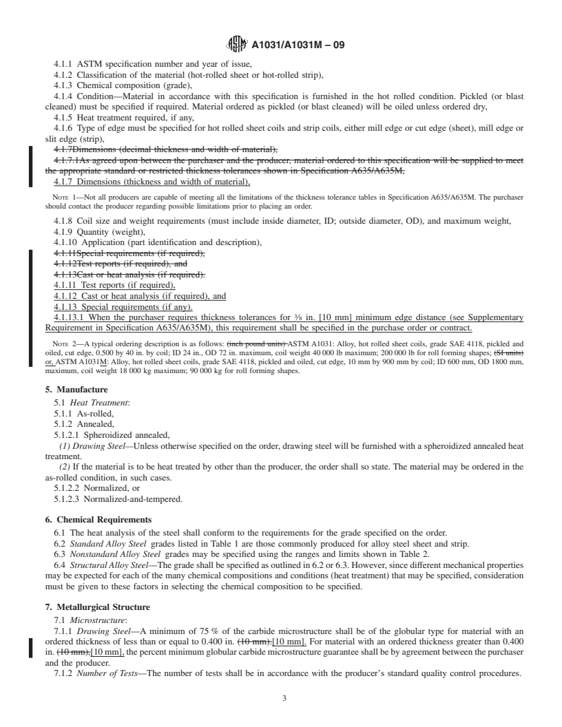 REDLINE ASTM A1031/A1031M-09 - Standard Specification for Steel, Sheet and Strip, Heavy-Thickness Coils, Alloy, Drawing Steel and Structural Steel, Hot-Rolled