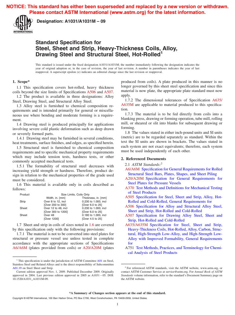 ASTM A1031/A1031M-09 - Standard Specification for Steel, Sheet and Strip, Heavy-Thickness Coils, Alloy, Drawing Steel and Structural Steel, Hot-Rolled