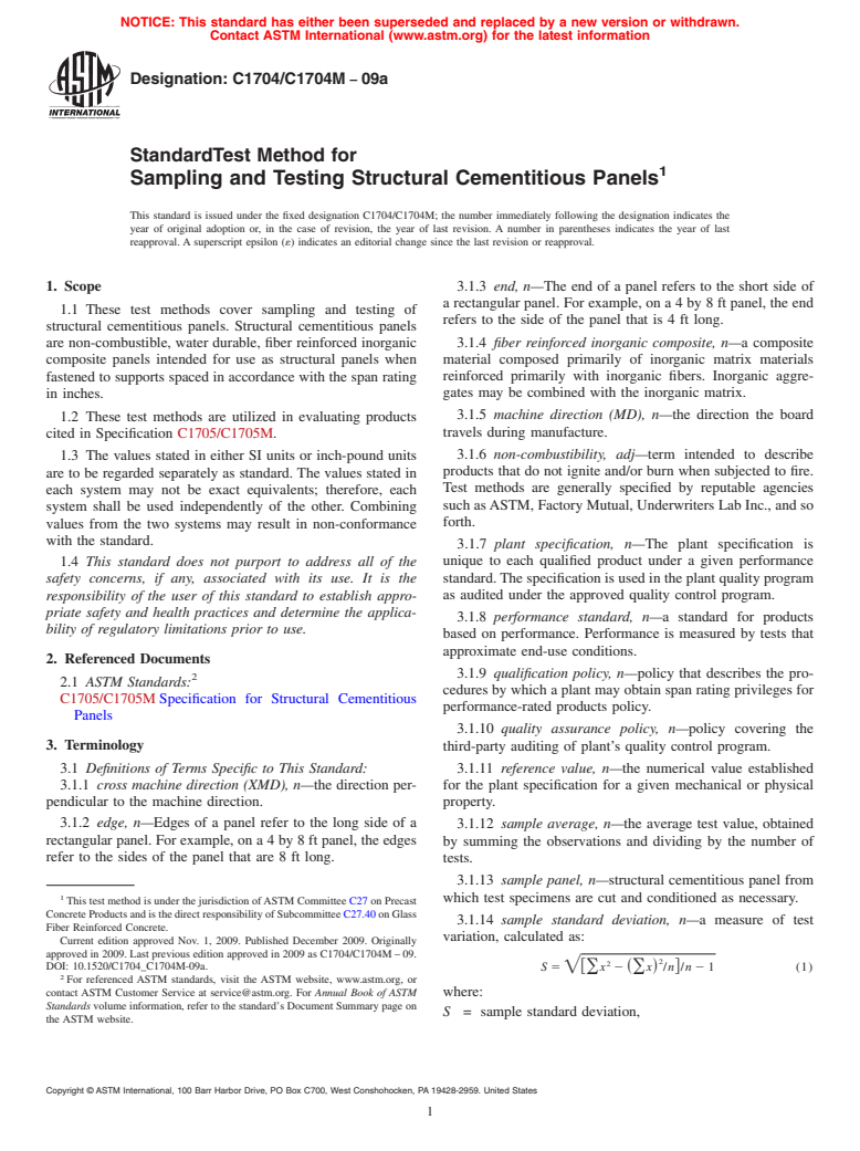 ASTM C1704/C1704M-09a - Standard Test Method for Sampling and Testing Structural Cementitious Panels