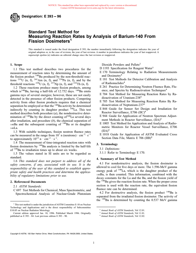 ASTM E393-96 - Standard Test Method for Measuring Reaction Rates by Analysis of Barium-140 From Fission Dosimeters