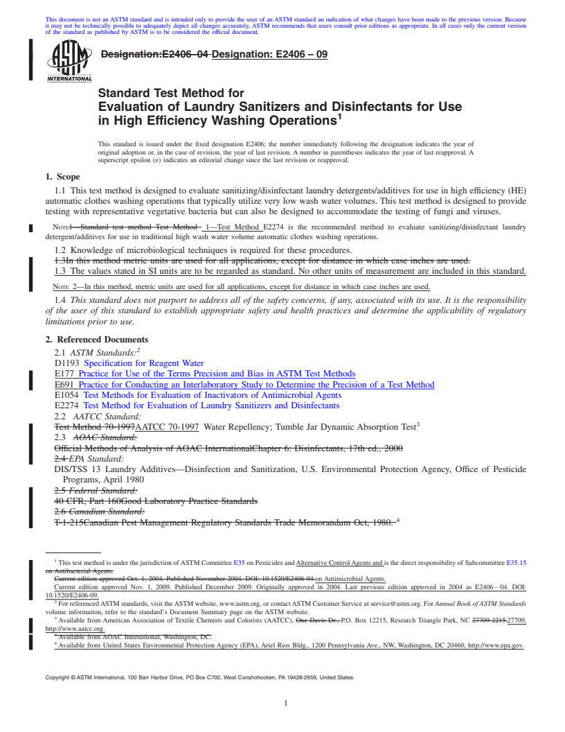 REDLINE ASTM E2406-09 - Standard Test Method for Evaluation of Laundry Sanitizers and Disinfectants for Use in High Efficiency Washing Operations