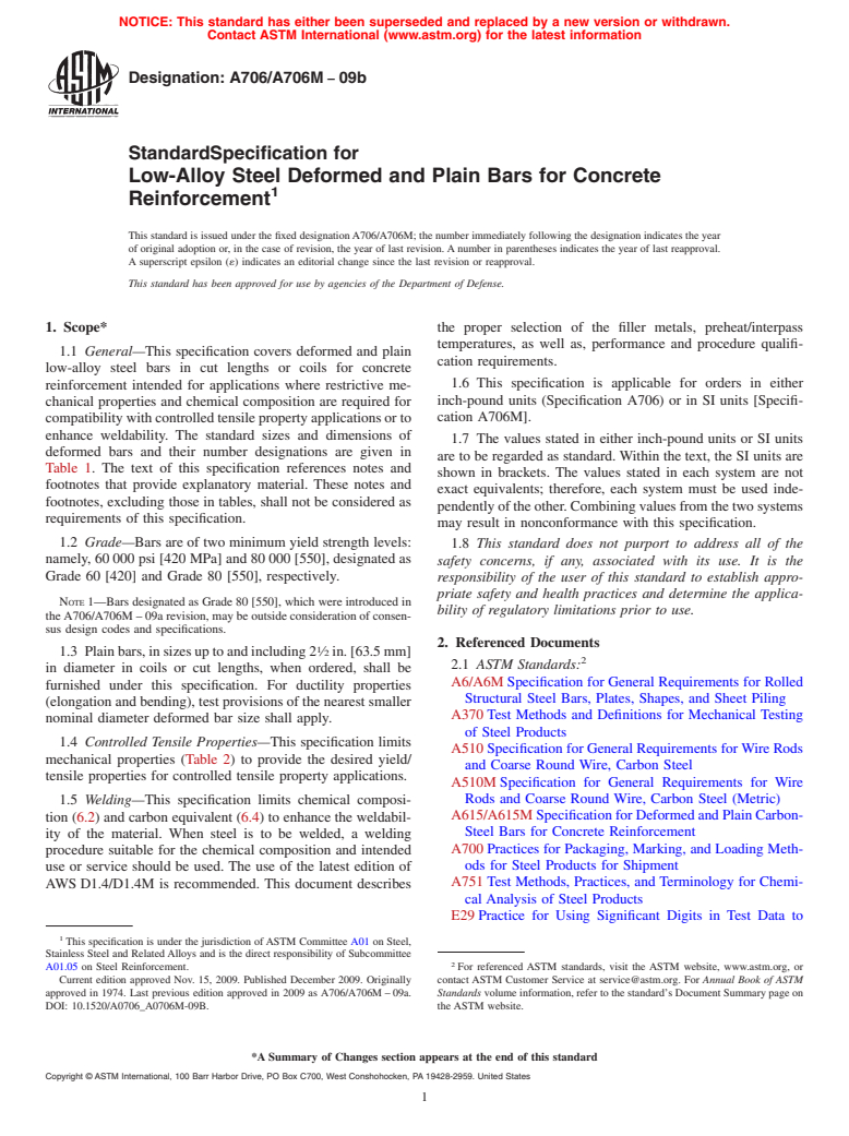 ASTM A706/A706M-09b - Standard Specification for  Low-Alloy Steel Deformed and Plain Bars for Concrete Reinforcement