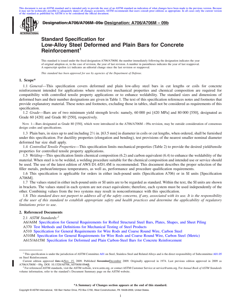 REDLINE ASTM A706/A706M-09b - Standard Specification for  Low-Alloy Steel Deformed and Plain Bars for Concrete Reinforcement