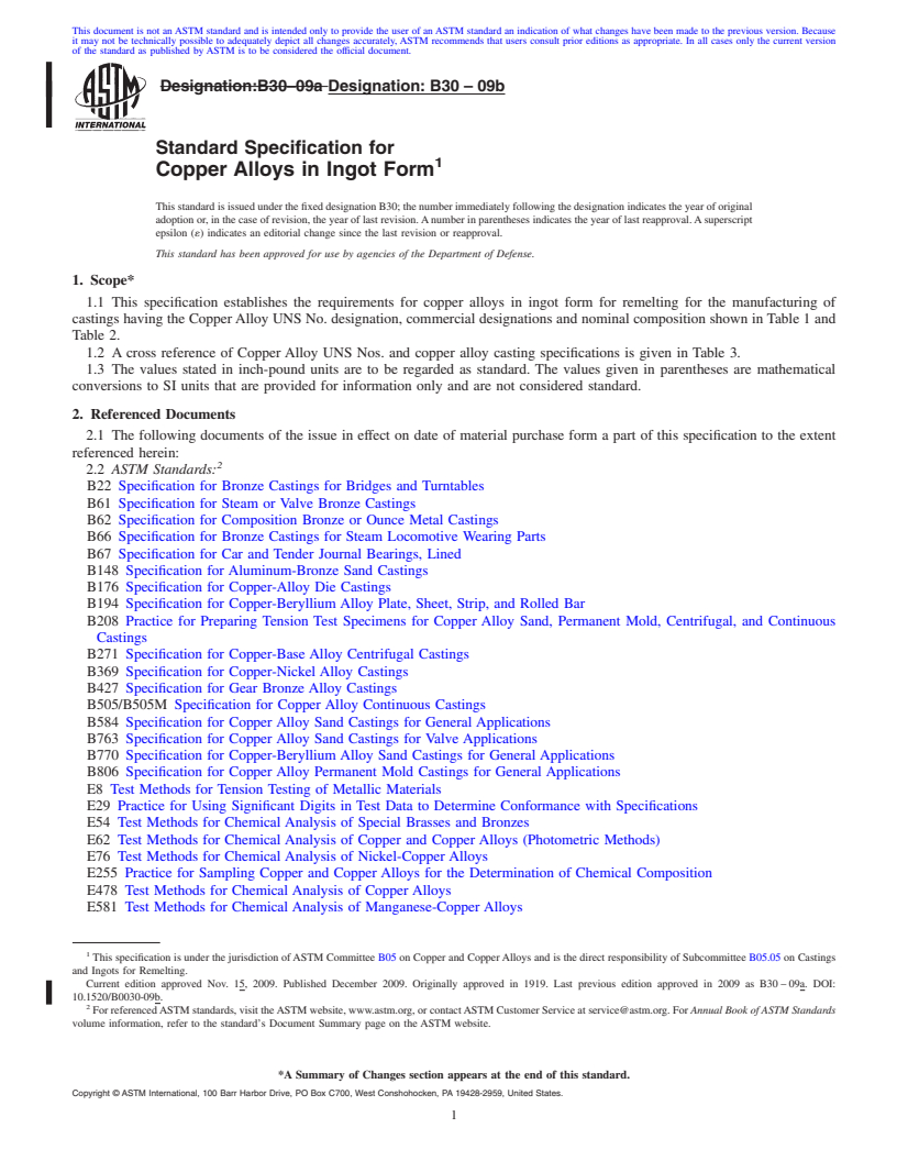 REDLINE ASTM B30-09b - Standard Specification for  Copper Alloys in Ingot Form