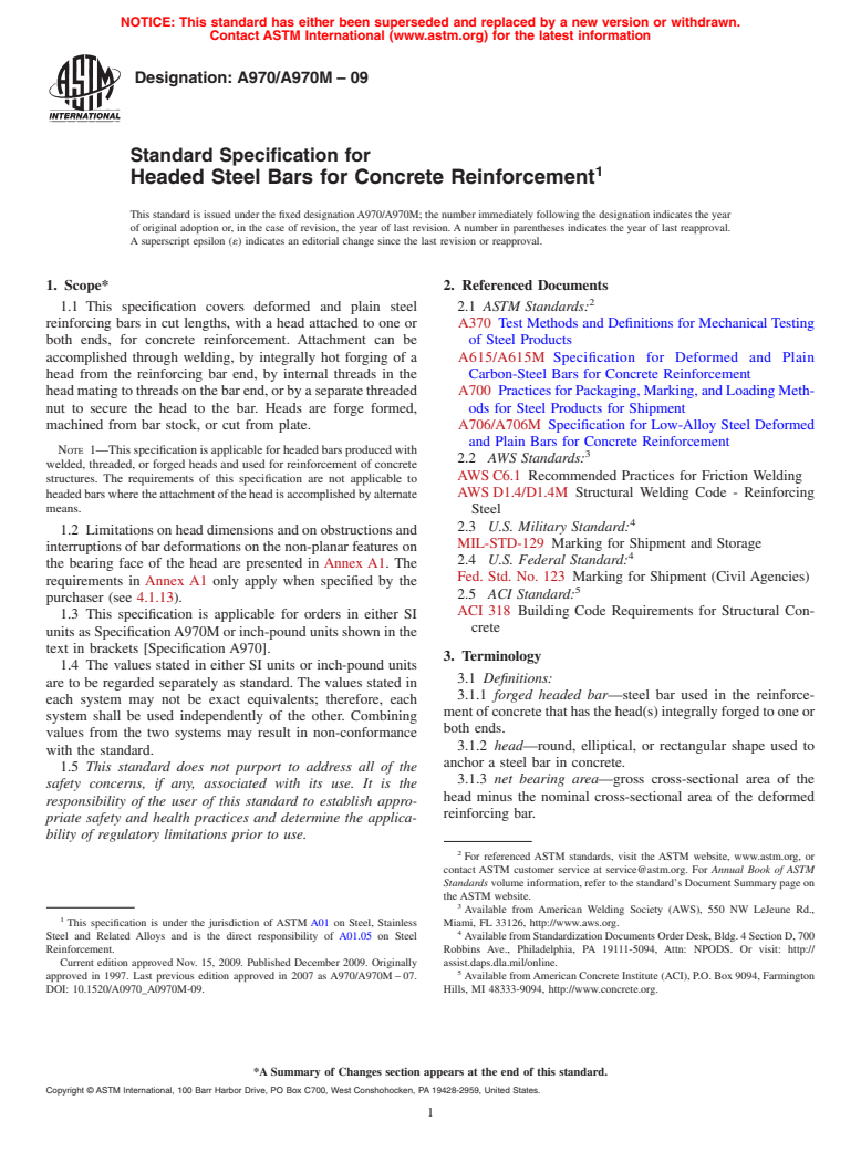 ASTM A970/A970M-09 - Standard Specification for Headed Steel Bars for Concrete Reinforcement