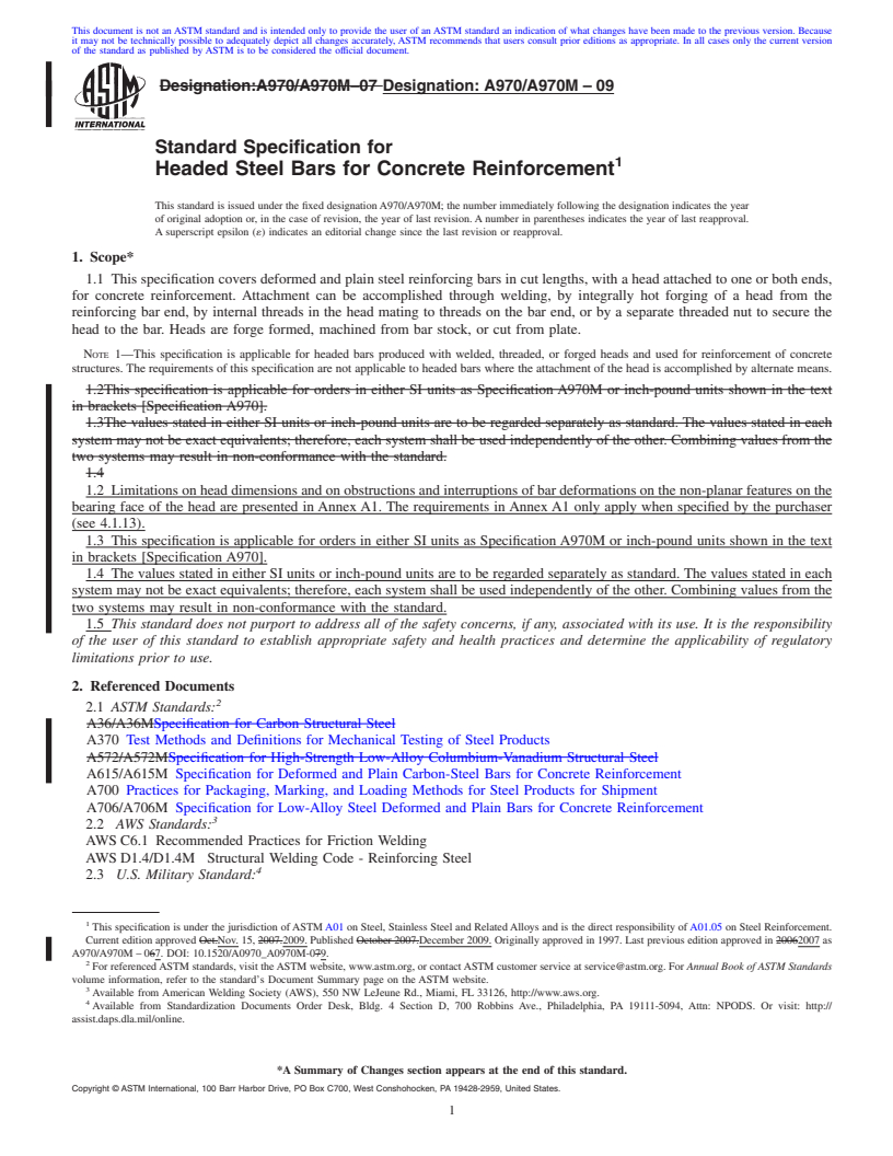 REDLINE ASTM A970/A970M-09 - Standard Specification for Headed Steel Bars for Concrete Reinforcement