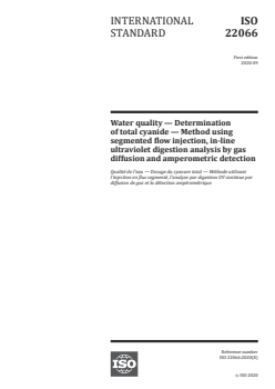 ISO 22066:2020 - Water quality — Determination of total cyanide — Method using segmented flow injection, in-line ultraviolet digestion analysis by gas diffusion and amperometric detection
Released:9/25/2020 - Page 1 preview
