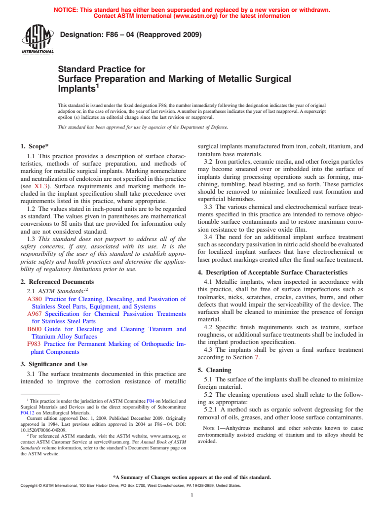 ASTM F86-04(2009) - Standard Practice for Surface Preparation and Marking of Metallic Surgical Implants