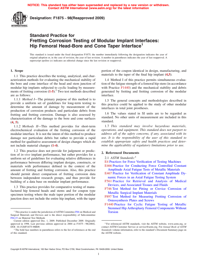 ASTM F1875-98(2009) - Standard Practice for Fretting Corrosion Testing of Modular Implant Interfaces:  Hip Femoral Head-bore and Cone Taper Interface