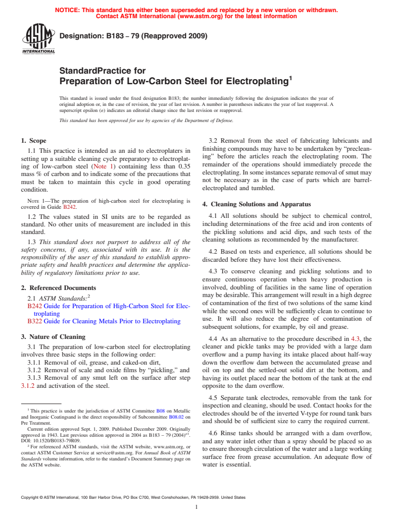 ASTM B183-79(2009) - Standard Practice for Preparation of Low-Carbon Steel for Electroplating