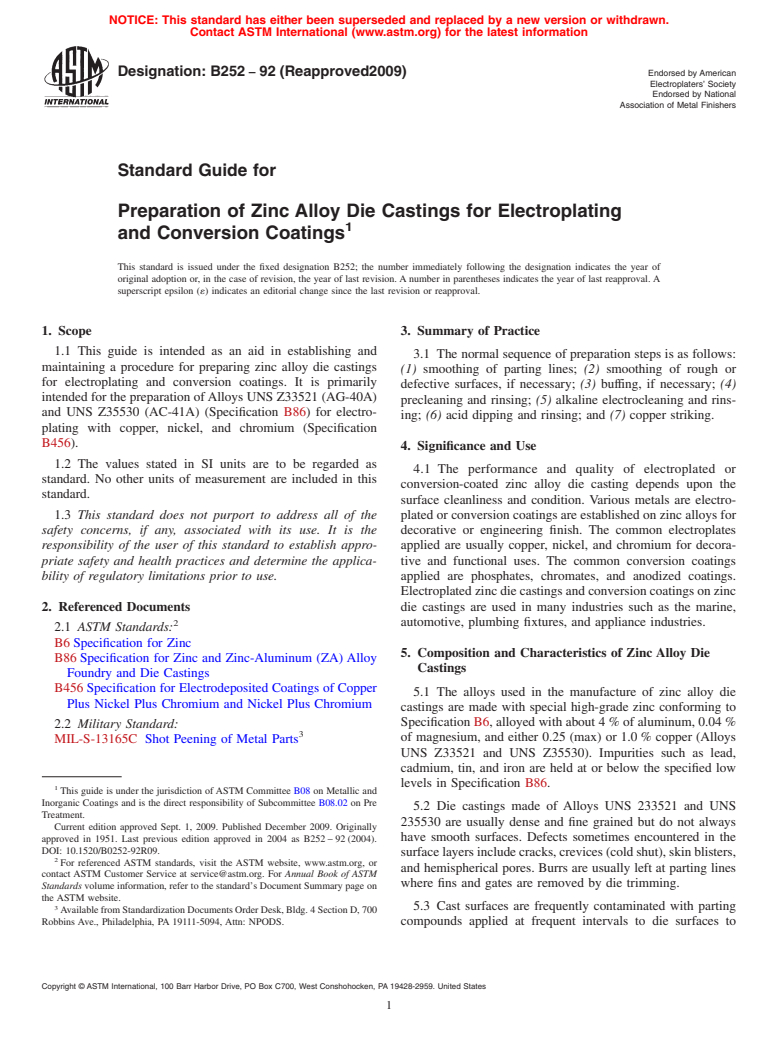 ASTM B252-92(2009) - Standard Guide for Preparation of Zinc Alloy Die Castings for Electroplating and Conversion Coatings