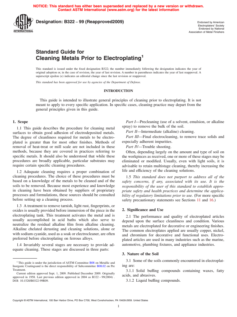 ASTM B322-99(2009) - Standard Guide for Cleaning Metals Prior to Electroplating