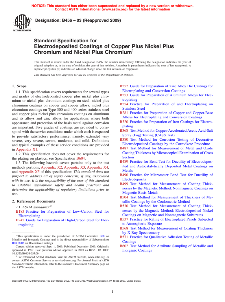 ASTM B456-03(2009) - Standard Specification for Electrodeposited Coatings of Copper Plus Nickel Plus Chromium and Nickel Plus Chromium