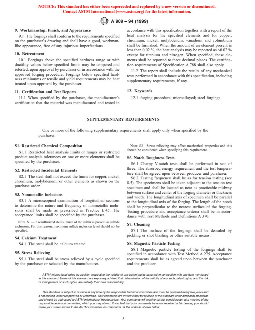 ASTM A909-94(1999) - Standard Specification for Steel Forgings, Microalloy, for General Industrial Use