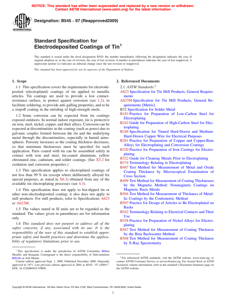 ASTM B545-97(2009) - Standard Specification for Electrodeposited Coatings of Tin