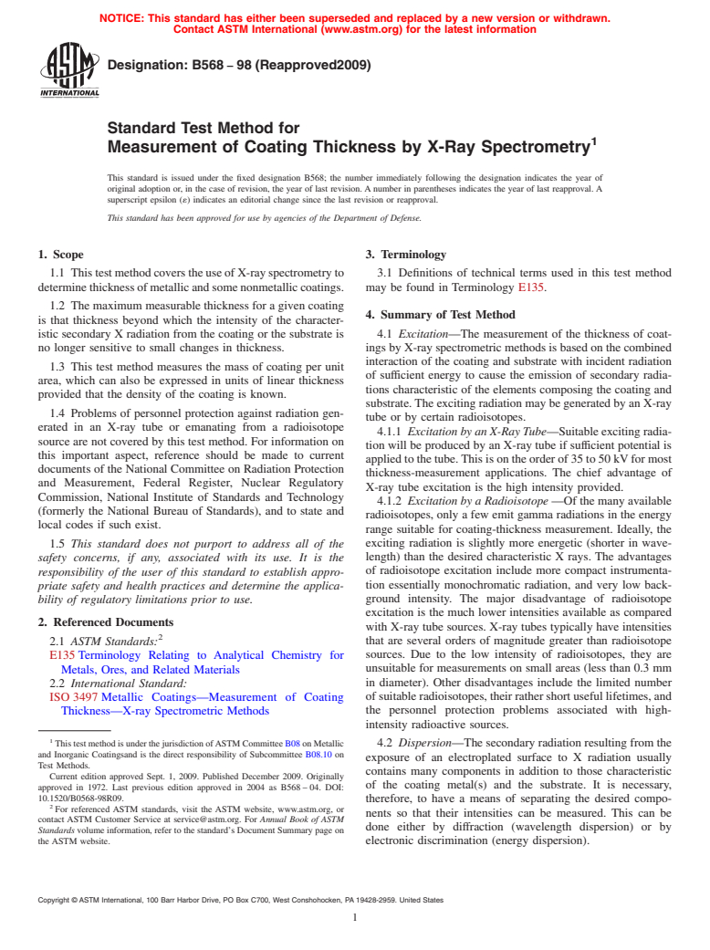 ASTM B568-98(2009) - Standard Test Method for Measurement of Coating Thickness by X-Ray Spectrometry