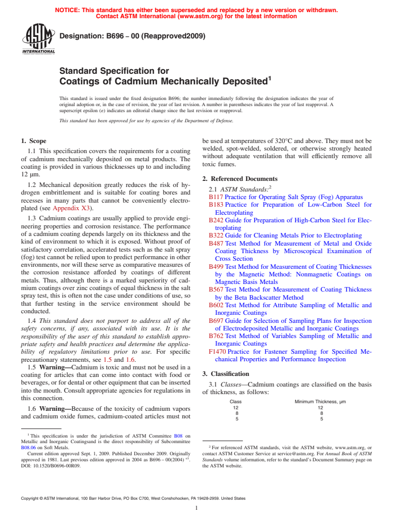 ASTM B696-00(2009) - Standard Specification for Coatings of Cadmium Mechanically Deposited