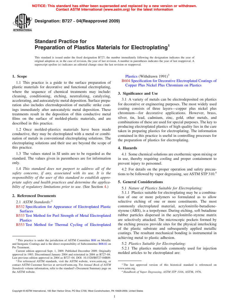 ASTM B727-04(2009) - Standard Practice for Preparation of Plastics Materials for Electroplating