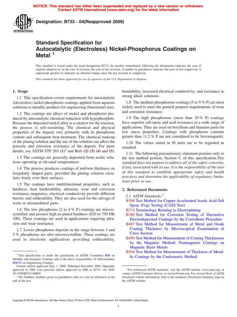 ASTM B733-04(2009) - Standard Specification for Autocatalytic (Electroless) Nickel-Phosphorus Coatings on Metal