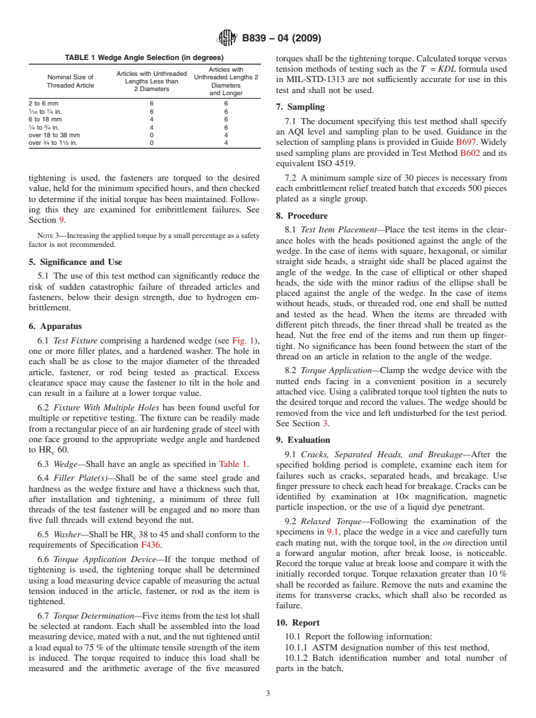 ASTM B839-04(2009) - Standard Test Method for Residual Embrittlement in Metallic Coated, Externally Threaded Articles, Fasteners, and Rod&#8212;Inclined Wedge Method