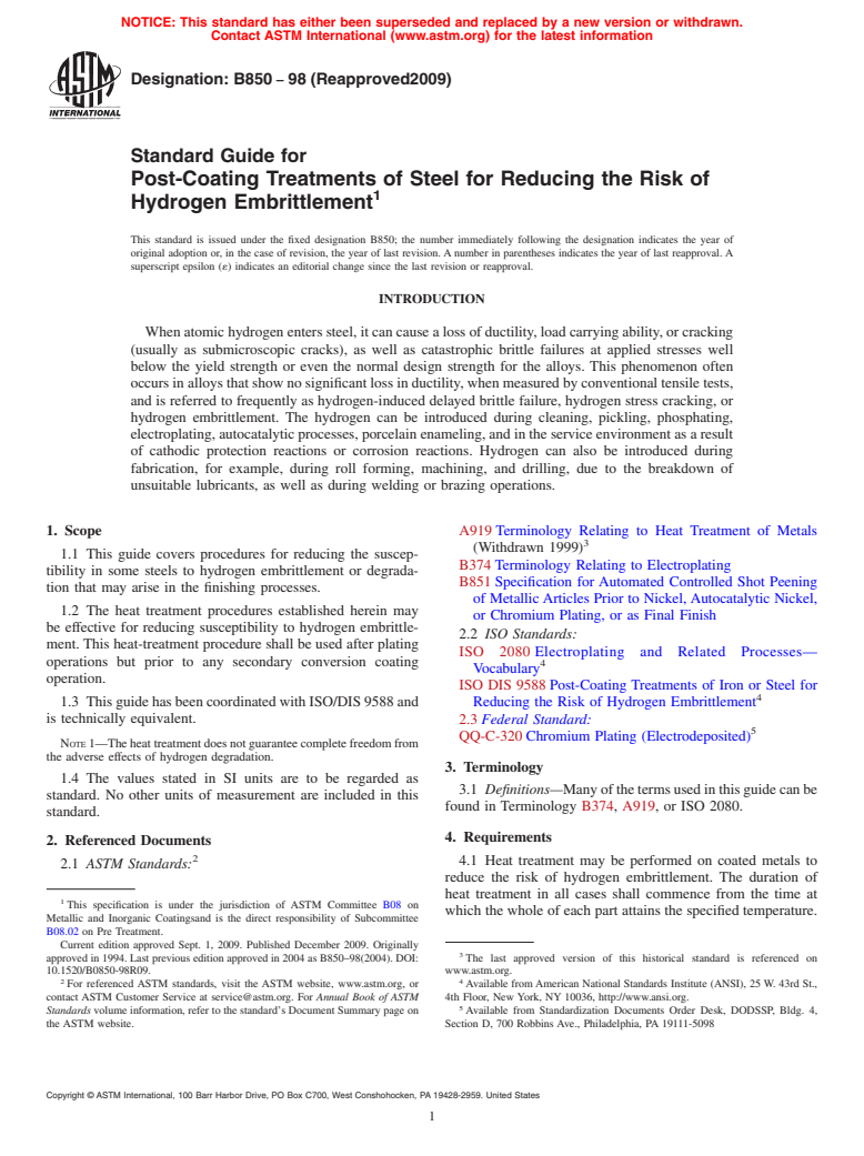 ASTM B850-98(2009) - Standard Guide for Post-Coating Treatments of Steel for Reducing the Risk of Hydrogen Embrittlement