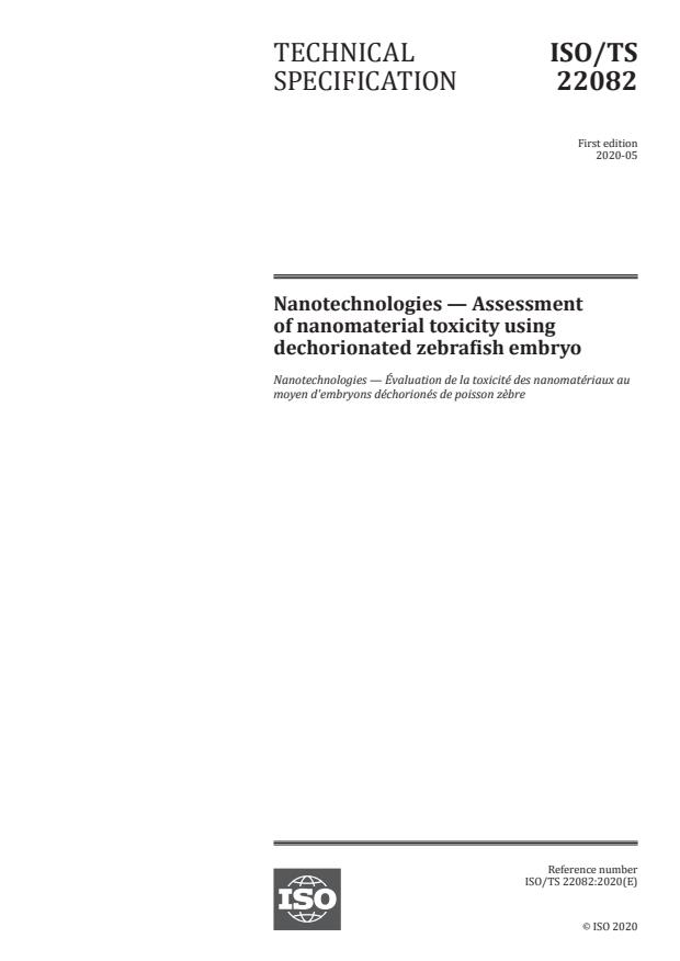 ISO/TS 22082:2020 - Nanotechnologies -- Assessment of nanomaterial toxicity using dechorionated zebrafish embryo