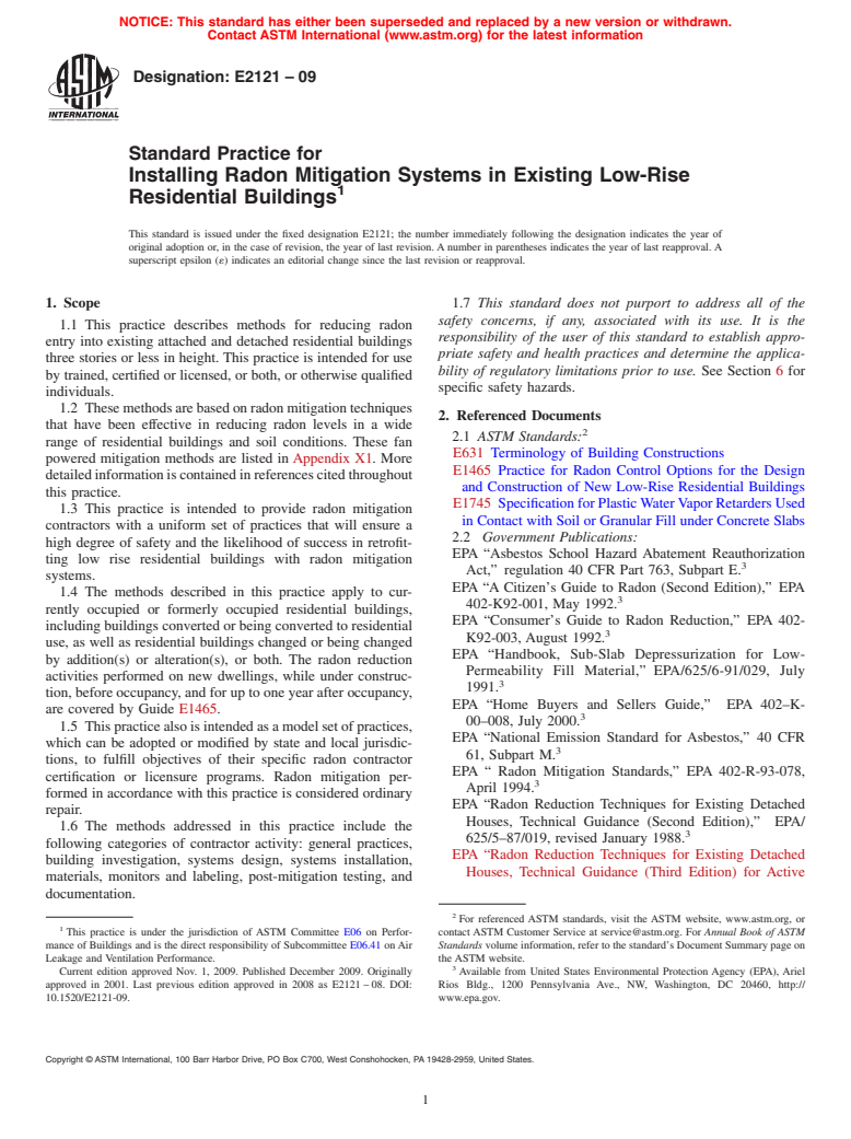 ASTM E2121-09 - Standard Practice for Installing Radon Mitigation Systems in Existing Low-Rise Residential Buildings