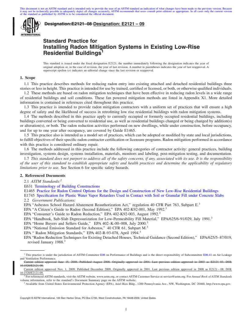 REDLINE ASTM E2121-09 - Standard Practice for Installing Radon Mitigation Systems in Existing Low-Rise Residential Buildings