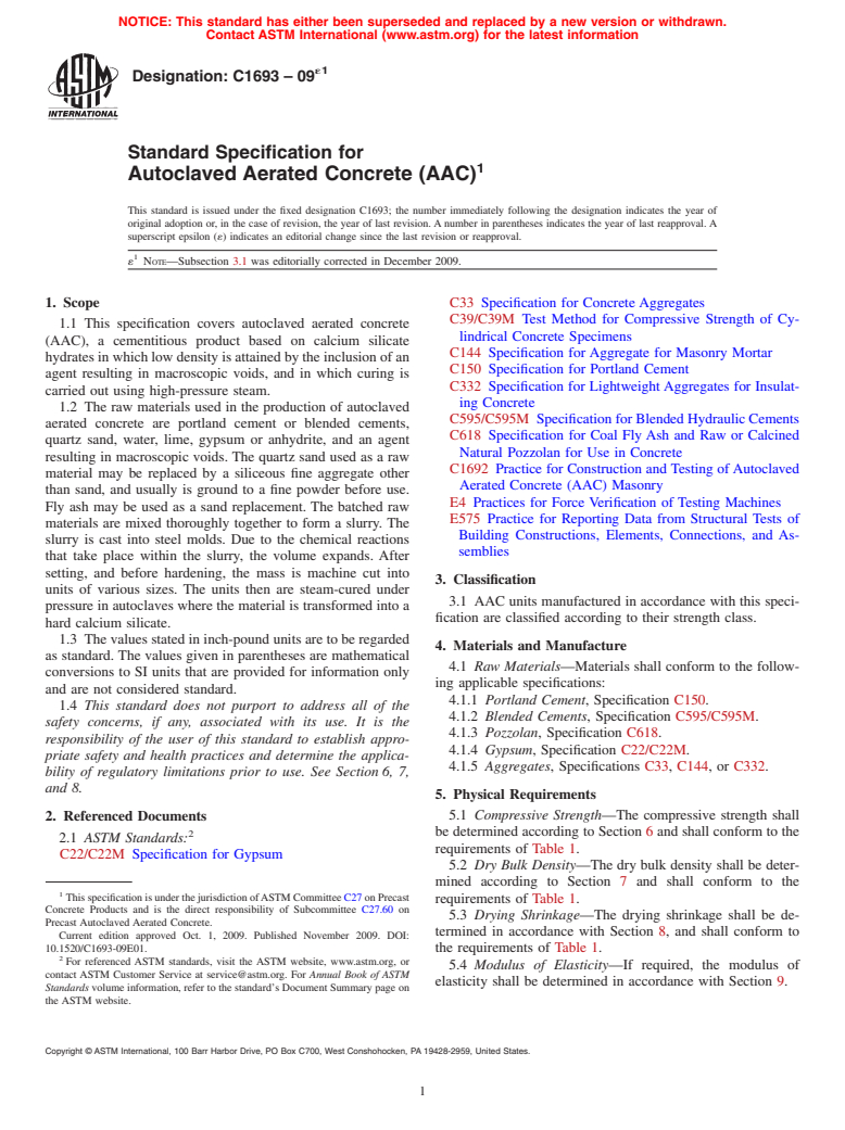 ASTM C1693-09e1 - Standard Specification for Autoclaved Aerated Concrete (AAC)