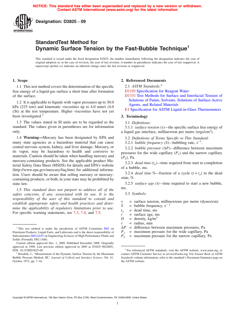 ASTM D3825-09 - Standard Test Method for Dynamic Surface Tension by the Fast-Bubble Technique (Withdrawn 2016)