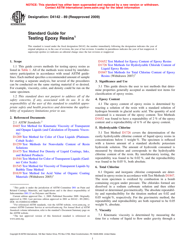 ASTM D4142-89(2009) - Standard Guide for Testing Epoxy Resins