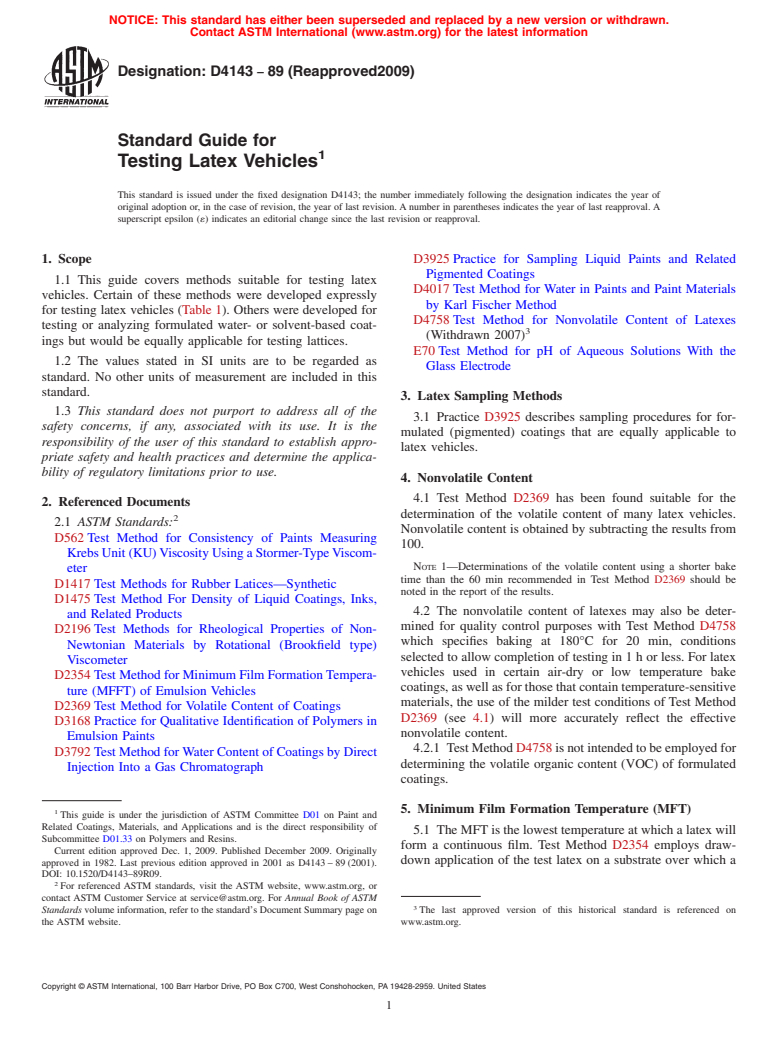 ASTM D4143-89(2009) - Standard Guide for Testing Latex Vehicles