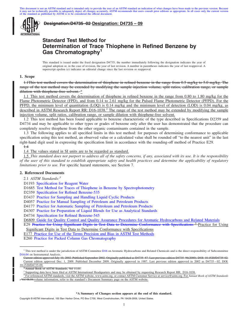 REDLINE ASTM D4735-09 - Standard Test Method for Determination of Trace Thiophene in Refined Benzene by Gas Chromatography