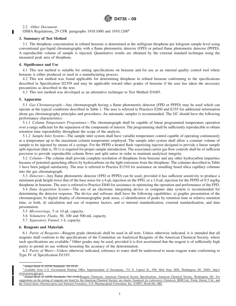 REDLINE ASTM D4735-09 - Standard Test Method for Determination of Trace Thiophene in Refined Benzene by Gas Chromatography