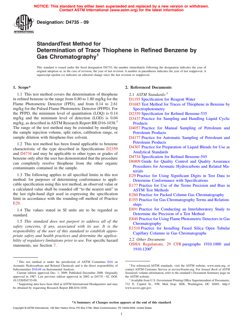 ASTM D4735-09 - Standard Test Method for Determination of Trace Thiophene in Refined Benzene by Gas Chromatography