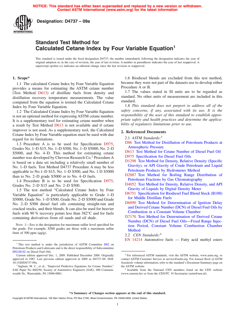 ASTM D4737-09a - Standard Test Method for Calculated Cetane Index by Four Variable Equation